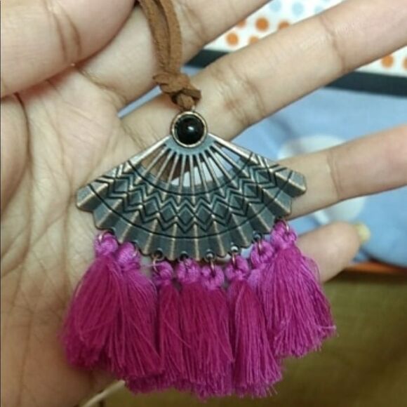 Fun Long Pink Tassel Necklace w/ Brown Cord - Picture 3 of 7